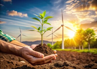 Close-up of a hand planting a tree in brown soil with a windmill in the background, symbolizing sustainable living and a green environment.