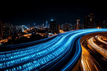 Fototapete - A futuristic cityscape with encrypted digital data streams, representing anonymous communication in a high-tech, advanced society