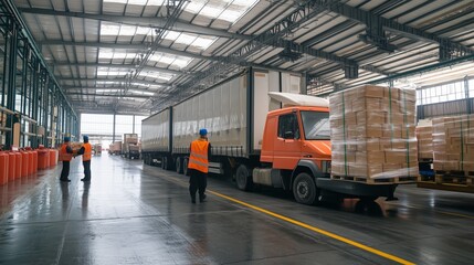 Poster - truck unloading cargo in a large warehouse with workers in safety vests during daylight hours