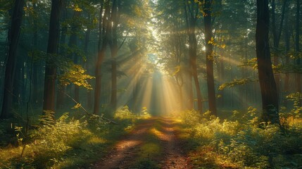 Magical Autumn Forest with Misty Fog, Sunlit Foliage & Serene Path – Enchanting Landscape Photo of Green Trees, Vibrant Fall Colors, and Scenic Timberland at Dawn