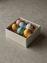 Wall Mural - Minimalist white gift box with speckled eggs.