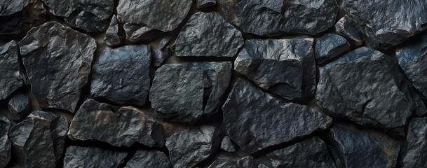 Black stone wall with a rough texture. The wall is made up of many small rocks, and it is a part of a larger structure. The wall is dark and imposing, giving off a sense of strength and durability