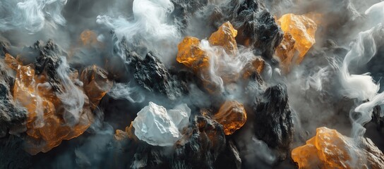 Poster - blurry image of rocks and smoke with a mood of chaos and destruction. the rocks are scattered all ov