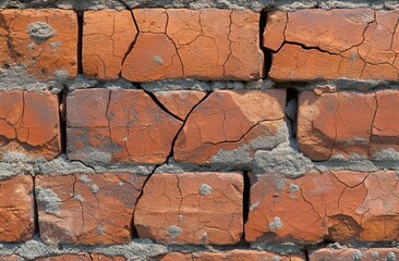 Poster - brick wall with cracks and holes in it. the wall is made of red bricks and has a rough texture