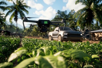 Poster - A futuristic farm using tomorrowâ€™s innovations, where drones and AI systems monitor crops, ensuring optimal growth and efficiency through precision farming