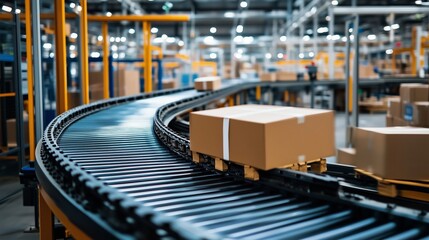 Poster - packages moving along a conveyor belt in a busy warehouse during the day, showcasing efficient logis