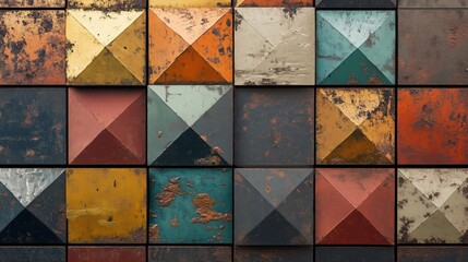 Poster - Colorful mosaic of squares and triangles. The colors are bright and the shapes are angular. Scene is lively and energetic