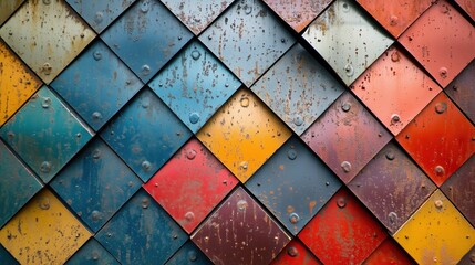 Poster - Colorful, multi-colored pattern made of metal. The pattern is made up of squares and triangles, and the colors are bright and bold. Scene is energetic and lively, with the colors