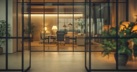 Aufkleber - Glass door office with a potted plant in the corner. The room is dimly lit with a few lamps