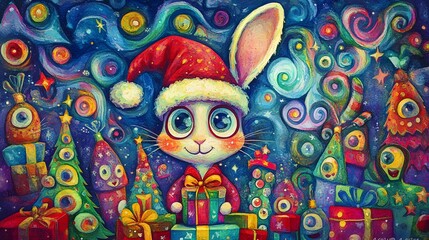 A vibrant Christmas scene featuring a cute rabbit in a Santa hat, surrounded by cheerful big-eyed people, colorful gifts, and Christmas trees with watercolor swirls in the background