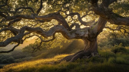 Wall Mural - large tree with a trunk that is bent and twisted. the tree is surrounded by grass and is in a field