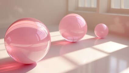 Wall Mural - three pink spheres are sitting on a white surface. the spheres are reflecting the light, creating a 