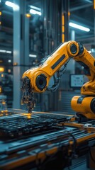 Aufkleber - Robotic arm assembling components in a futuristic manufacturing facility at dusk