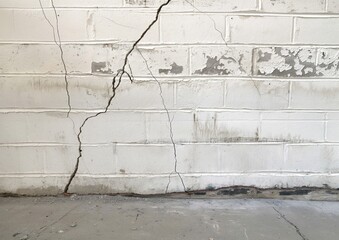 Poster - White brick wall with cracks and holes. The wall is in a garage. The cracks and holes give the wall a worn and weathered appearance