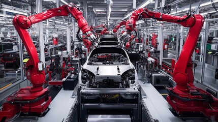 Poster - robotic arms assembling automobiles in a modern manufacturing facility during daylight hours