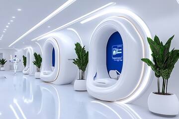 Poster - A futuristic healthcare facility using tomorrowâ€™s innovations, where robotic surgeries, AI diagnostics, and wearable health technology redefine patient care