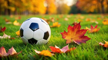 A solitary soccer ball rests on a lush green grass field with a few scattered autumn leaves, conveying a sense of female player's recent presence.