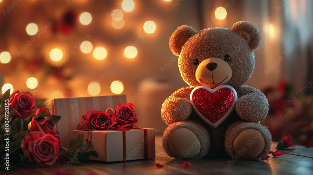 Teddy bear holding a heart, placed next to a bouquet of red roses and a ...