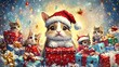 © Tonadech - A festive rabbit in a Santa hat surrounded by colorful Christmas gifts, big-eyed people smiling warmly, and cheerful kittens in Santa suits in a vibrant, watercolor-splashed scene