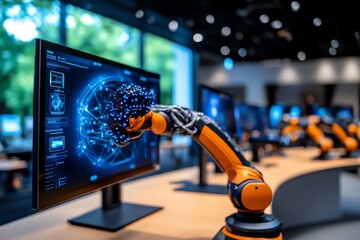 Poster - A futuristic lab where engineers are developing tomorrowâ€™s innovations, with robotic arms, AI-driven machines, and holographic screens showing cutting-edge technology
