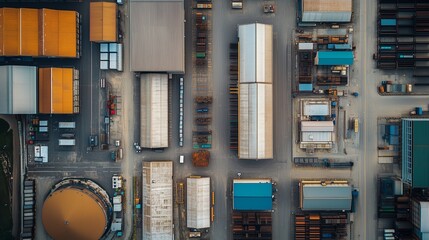 Poster - aerial view of an organized industrial storage facility with shipping containers and warehouses duri