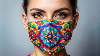 Colorful geometric shapes and swirls create a modern face covering design element, with abstract patterns and vibrant hues, perfect for fashion and beauty graphics.