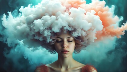 Canvas Print - Dreamy portrait of a woman with a cloud-like headdress, eyes closed, enveloped in swirling smoke and soft pastel colors