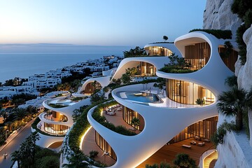 Poster - A futuristic mountain city, where sleek, high-tech buildings are built into the cliffs and sustainable technology coexists with nature