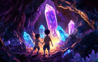 Two children explore a magical cave filled with vibrant, glowing crystals, sparking wonder and imagination.