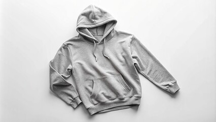 A grey hoodie lies flat on a white background, empty sleeves and hood providing a mock-up space for designers to add their creative designs.