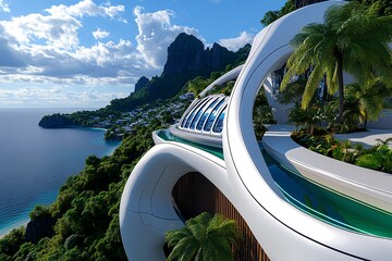 Poster - A futuristic mountain city, where sleek, high-tech buildings are built into the cliffs and sustainable technology coexists with nature