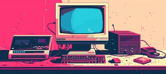 Poster - Retro 90s Technology Banner Featuring Desktop Computer, Floppy Disk, and Vintage Telephone for Nostalgic Design