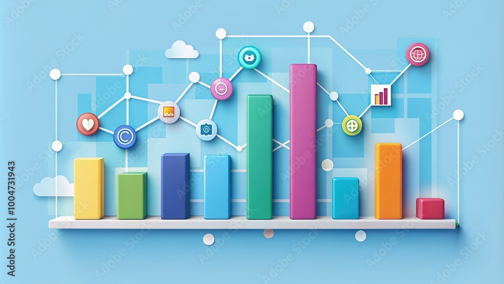 Colorful bar chart and graphs on a light blue background with various ...