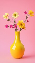 Sticker - Yellow vase with colorful flowers on pink background, minimalist decor. Spring freshness and floral art concept