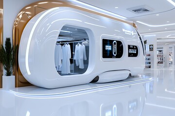 A futuristic retail experience using tomorrowâ€™s innovations, with AI-driven recommendations, virtual fitting rooms, and holographic displays enhancing shopping