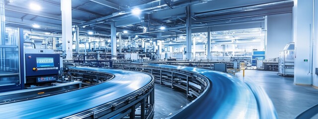 Poster - wide view of an automated conveyor system in a modern manufacturing facility during daytime operatio
