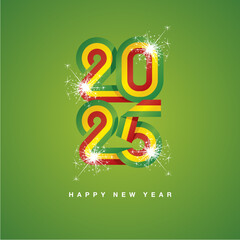 2025 New Year continuous Ethiopia ribbon. Abstract green yellow red flag of Ethiopia in the shape of 2025 logo with sparkle firework. New Year concept greeting card