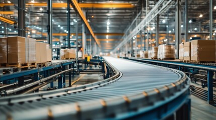 Poster - conveyor belt transporting packages in a large distribution center during daytime operations