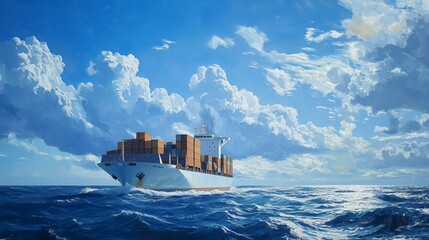 Panoramic ocean vista depicts a cargo vessel laden with containers destined for global commerce. The vast expanse of the open sea provides ample room for the ship's journey