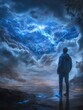 © Spencer - Silhouette of a person standing on a reflective surface gazing at a dramatic night sky with blue clouds and lightning in a surreal scene.