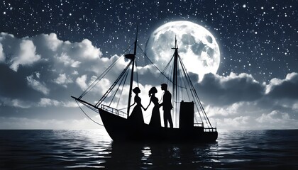 Wall Mural - Romantic silhouette of a couple by a ship under a luminous moon and starry night, evoking a sense of adventure and love in the air