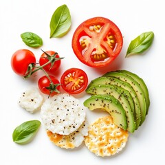 Wall Mural - Fresh and vibrant assortment of vegetables and snacks. Includes tomatoes, avocado slices, crisp crackers, and basil. Ideal for healthy eating and food photography. AI