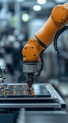 Poster - a close-up view of a robotic arm assembling electronic components in a modern manufacturing facility