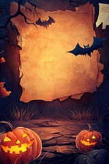 Sticker - Halloween background with pumpkins and bats flying over old paper banner