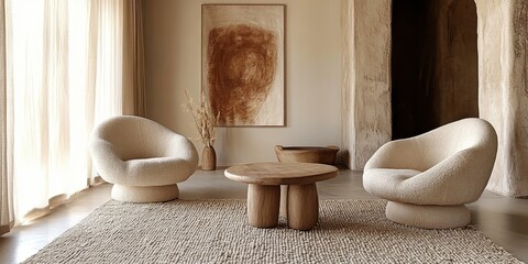 Minimalist interior, warm beige tones, abstract art, curved armchairs, round wooden coffee tables, textured rug, natural light, sheer curtains, earthy palette, organic shapes, zen atmosphere, modern l