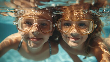 Two kids swim underwater and pose for the camera