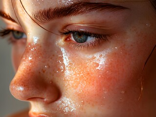 Poster - A woman with a puffy face and blue eyes. The woman has a lot of freckles on her face