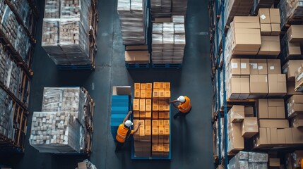 Poster - warehouse workers organize boxes in a distribution center during the day, focusing on inventory mana
