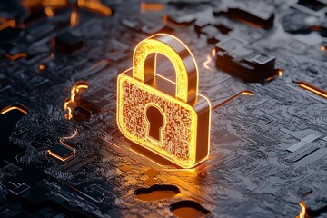 Fototapete - A glowing padlock icon on a digital interface, representing end-to-end encryption for secure, anonymous communication