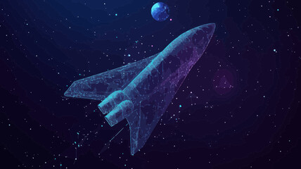 Poster - Wireframe Space Shuttle in Starry Sky - Abstract Cosmos and Universe Vector Illustration